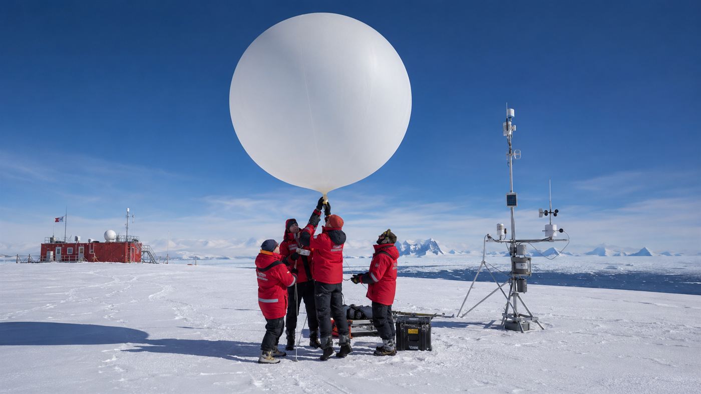 Scientists in red parkas releasing a weather balloon to measure the ozone hole at an Antarctic research station