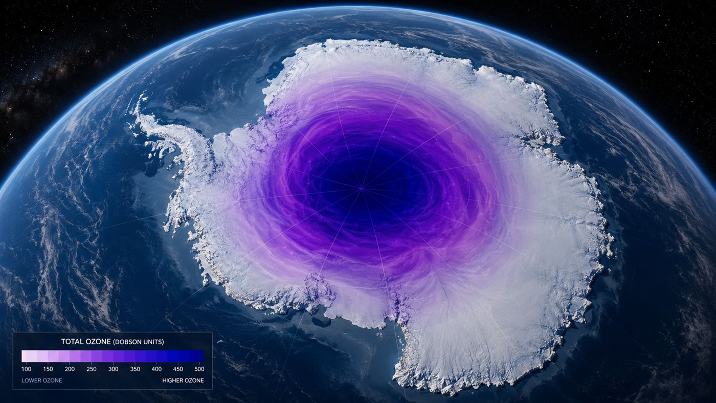 A visualization of the ozone hole as a purple and blue patch over Antarctica seen from space