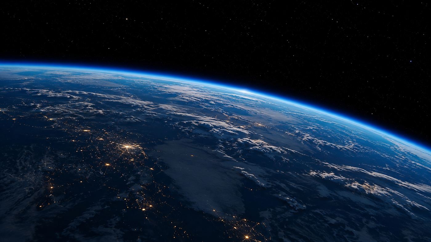 The thin glowing blue band of the ozone layer along the curved edge of Earth seen from space