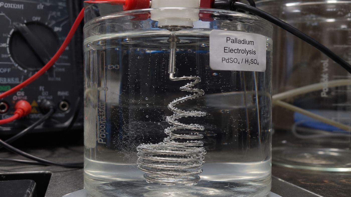 Close-up of a palladium electrode in an electrolysis cell with gas bubbles in clear liquid
