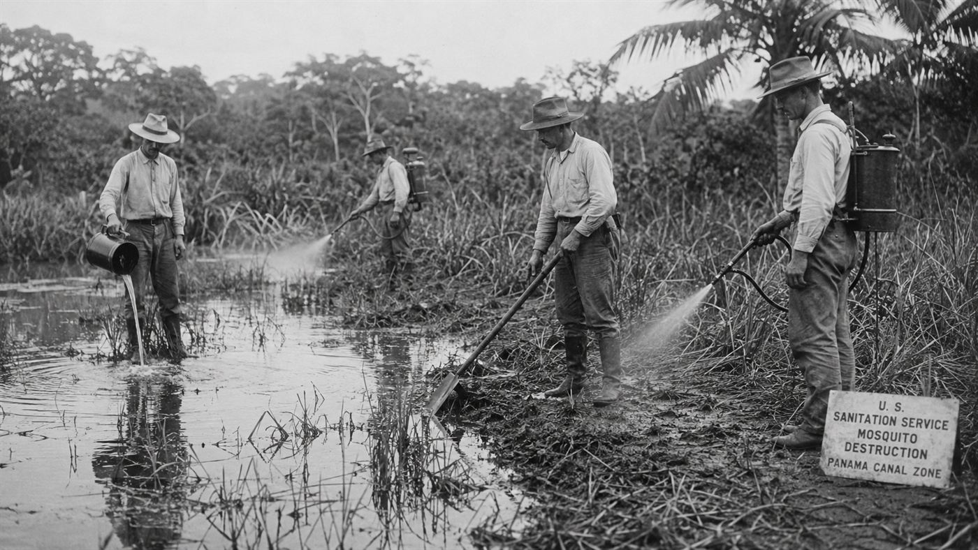 An early 1900s sanitation crew oiling swamp water and fumigating to kill mosquitoes during the Gorgas campaign