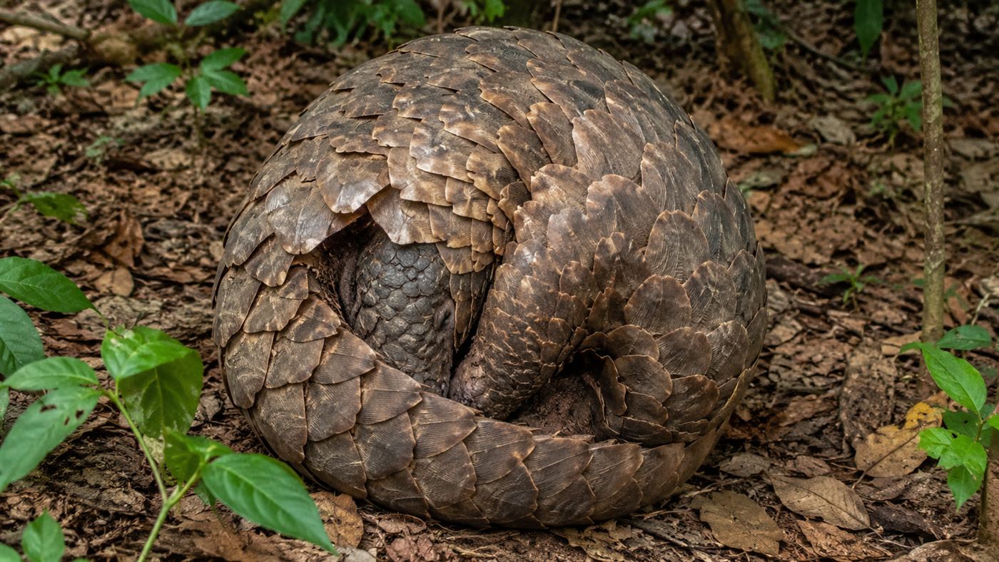 A pangolin curled into a tight armoured ball of scales on a forest floor