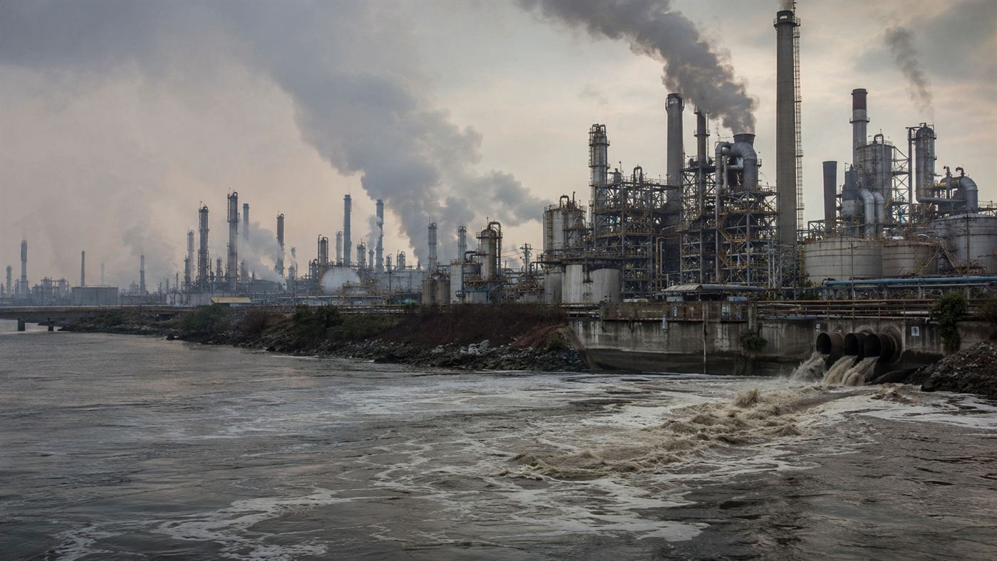 A large chemical plant on the bank of a wide river discharging into the water under a hazy sky