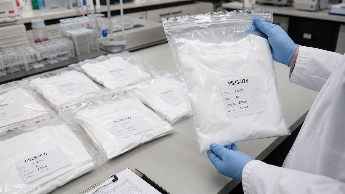 Plain white t-shirts in labelled plastic bags on a lab table for the Parkinson's smell test