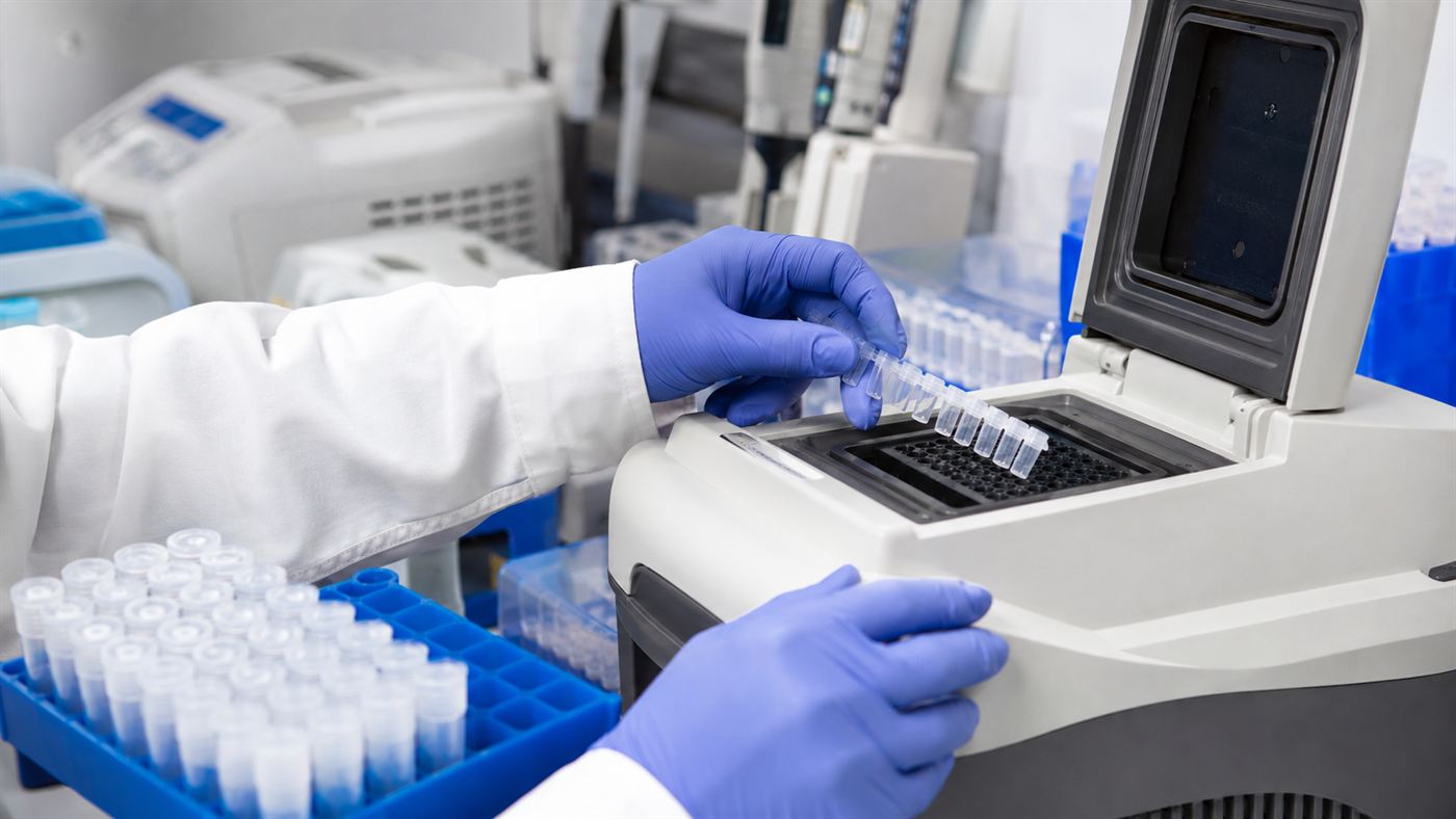 A modern lab running PCR tests in a thermocycler, the DNA-copying technique powered by Taq polymerase