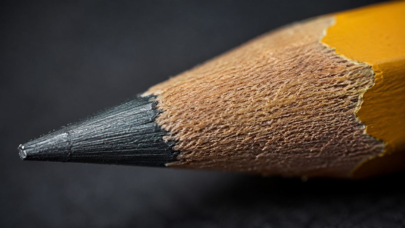 An extreme close-up of the grey graphite tip of an ordinary wooden pencil, the everyday source of graphene