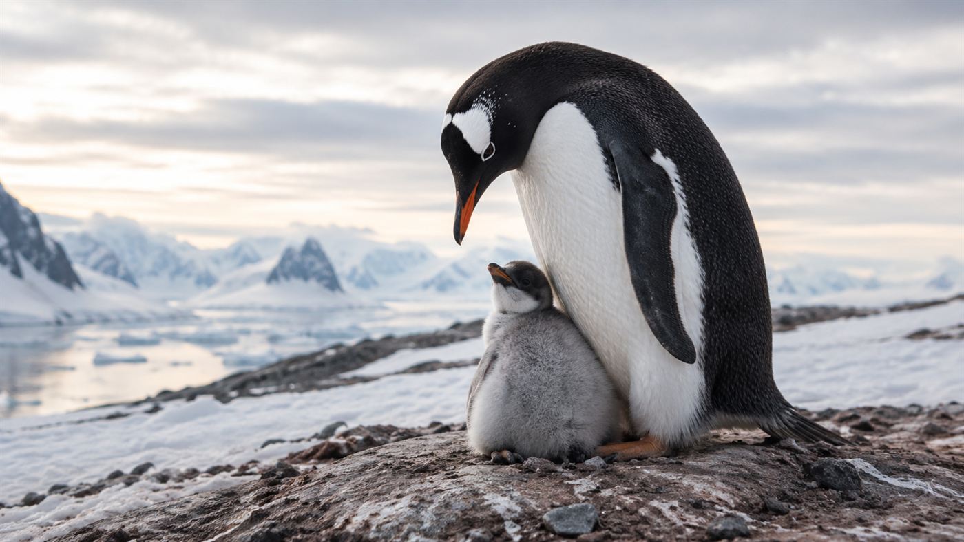 An adult penguin standing over a fluffy grey penguin chick on a patch of snow and rock