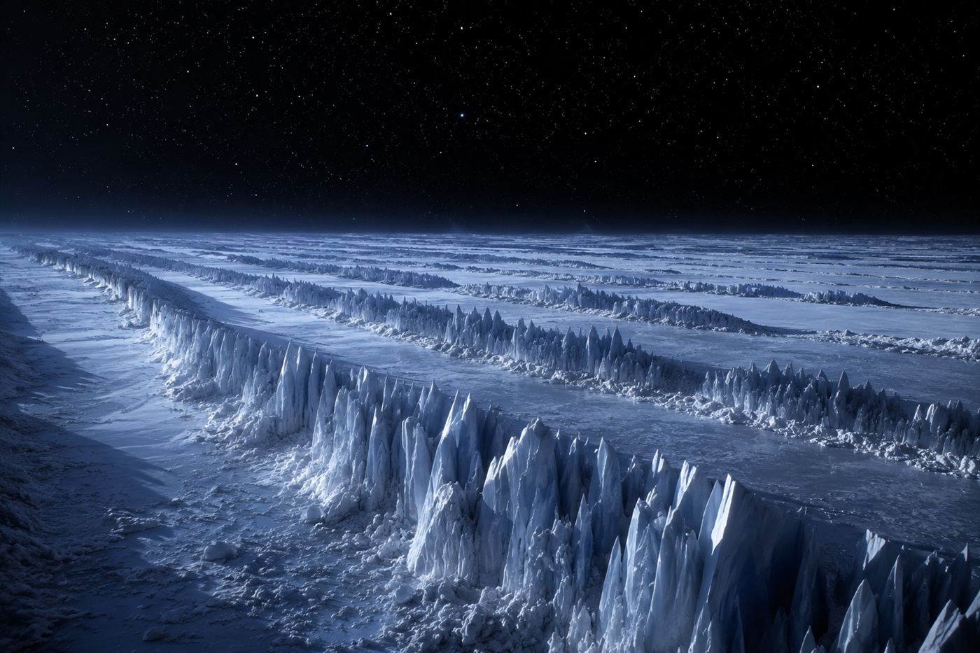 A landscape of giant pale ridges of methane ice standing in rows across a frozen Plutonian plain under a black sky