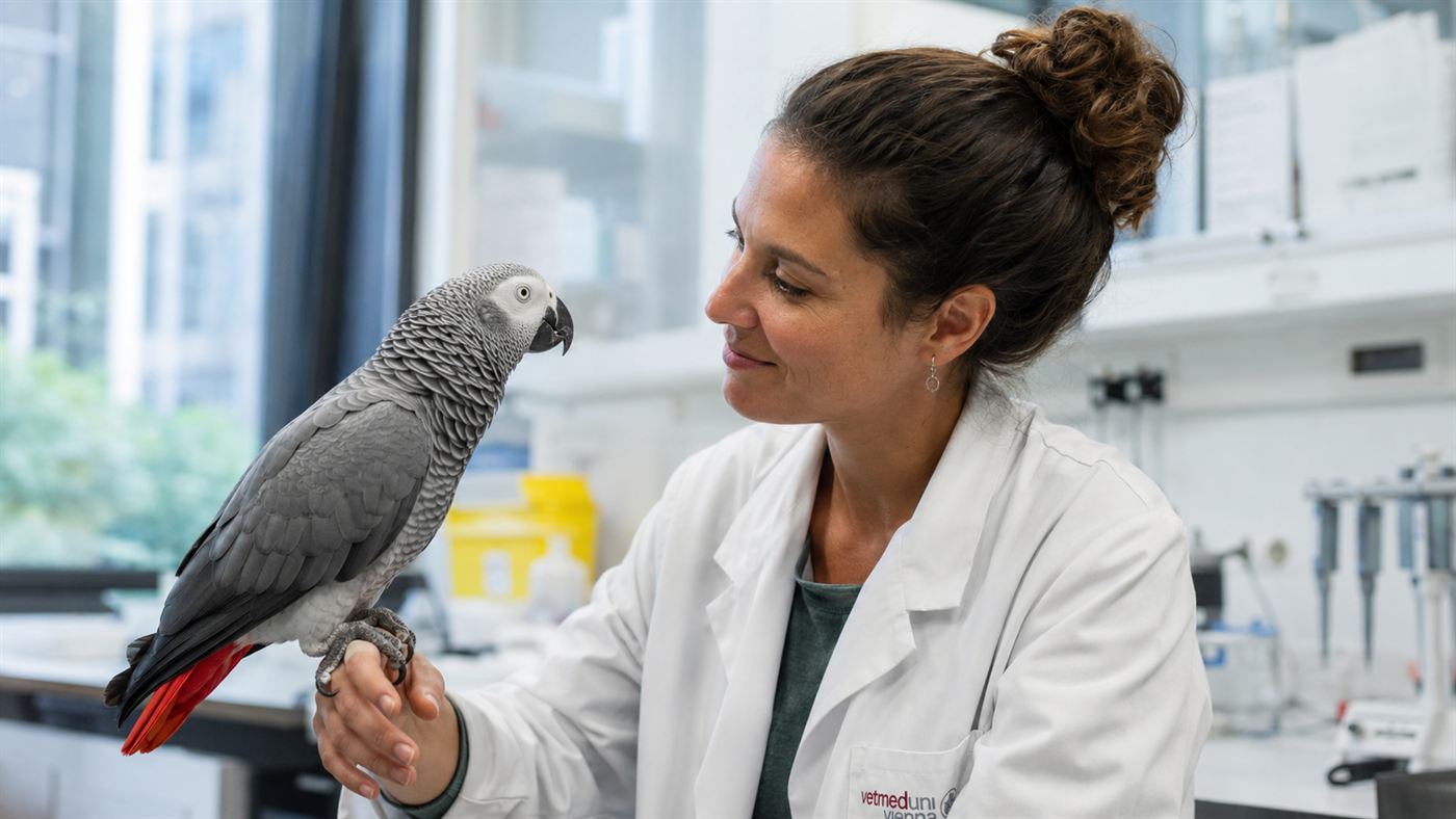 A woman scientist interacting warmly with an African grey parrot perched on her hand in a lab