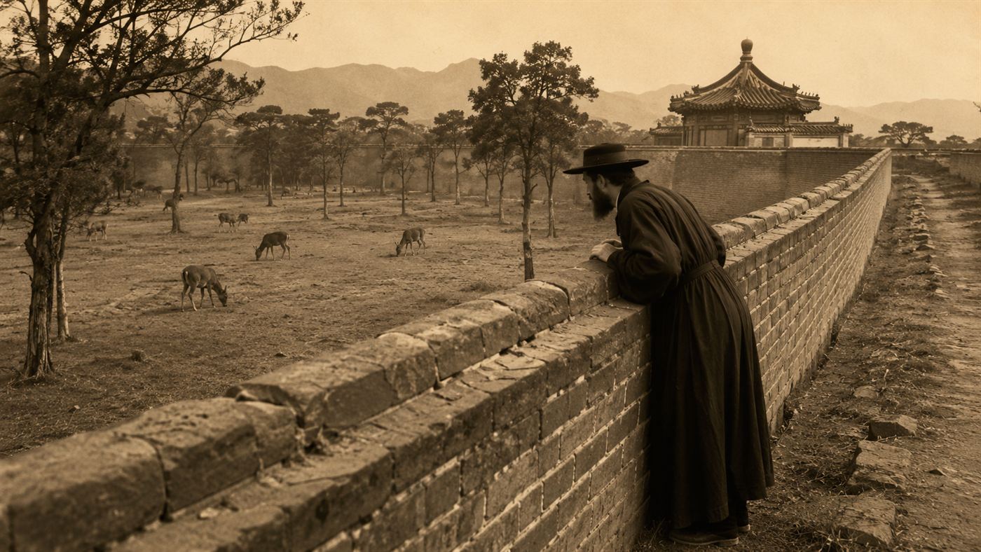 A 19th-century walled imperial hunting park near Beijing with deer grazing, a missionary peering over the wall