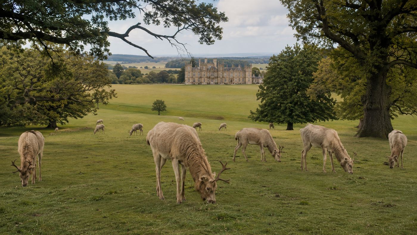 Pere David's deer grazing across the green parkland of an English country estate