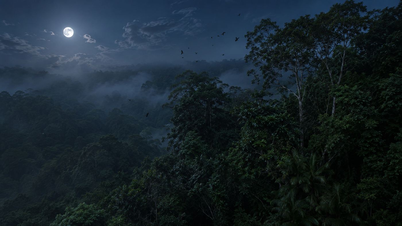 A dense Philippine rainforest canopy at night where small bats hunt insects among the trees