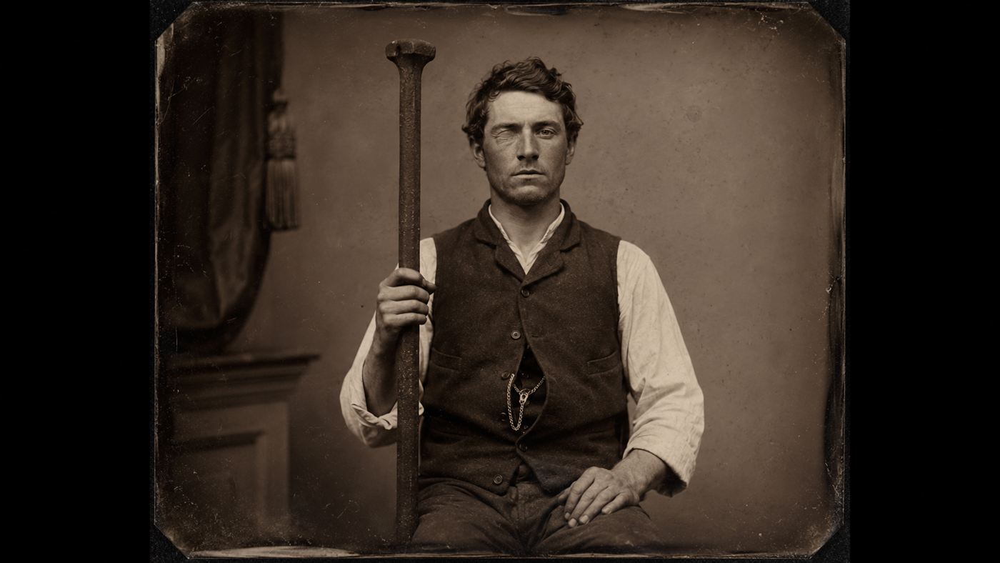 A sepia portrait of Phineas Gage seated and holding the long iron tamping bar that passed through his head