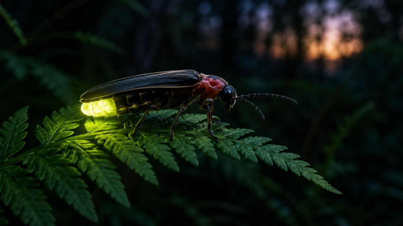 A single Photinus carolinus firefly glowing on a green fern at dusk