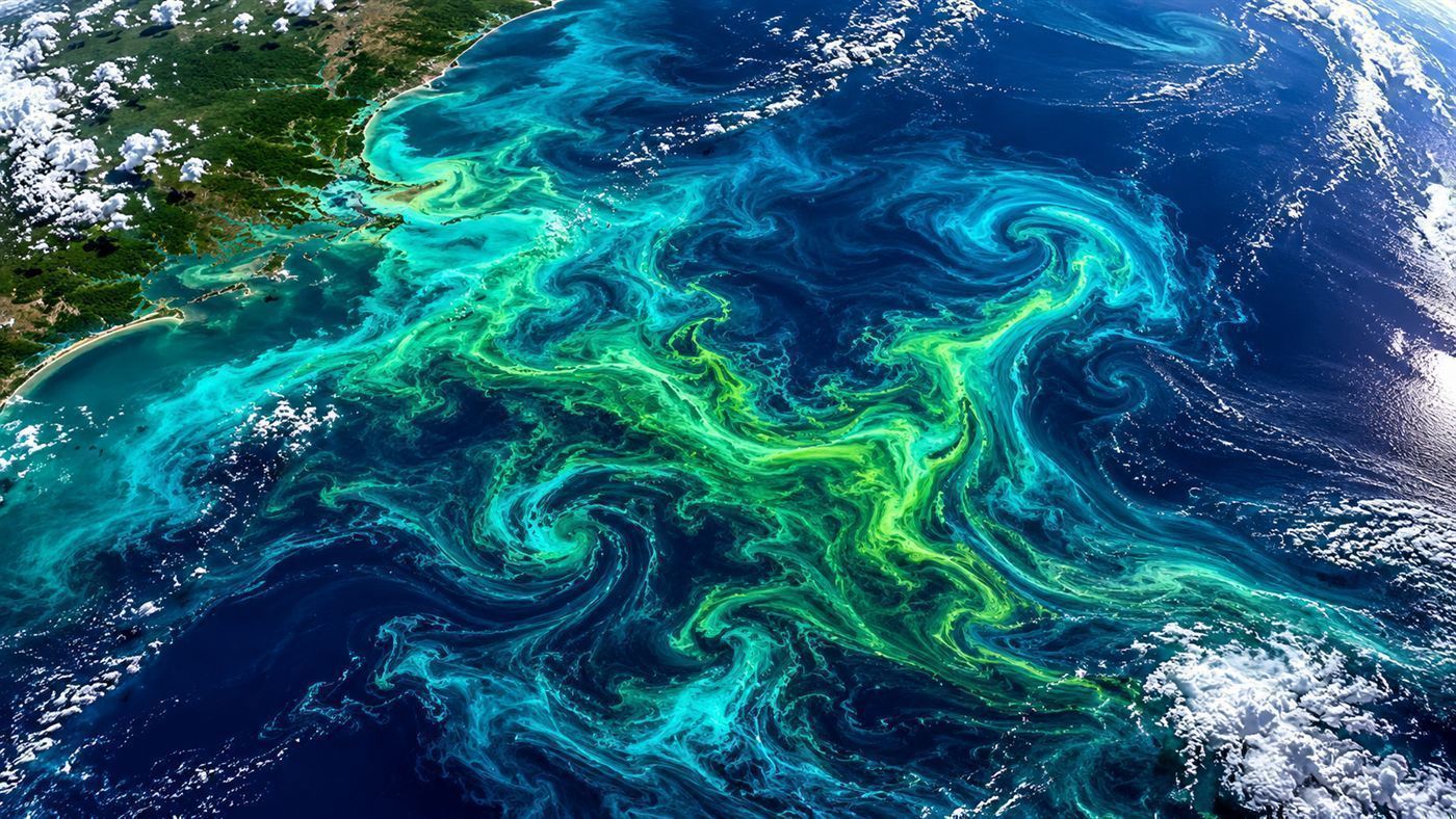 A vast swirling turquoise and green phytoplankton bloom in the deep blue ocean seen from far above