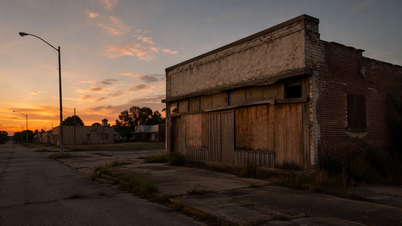 A deserted small-town main street at dusk with a boarded-up old pharmacy storefront in the emptied town of Picher, Oklahoma