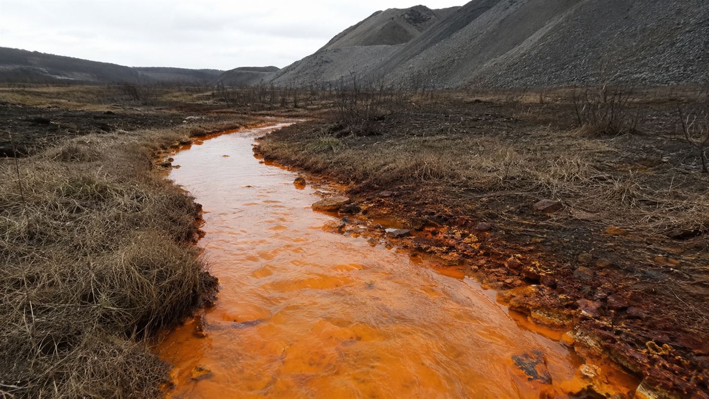 Tar Creek stained bright rust orange by acid mine drainage winding past gray tailings piles near Picher, Oklahoma