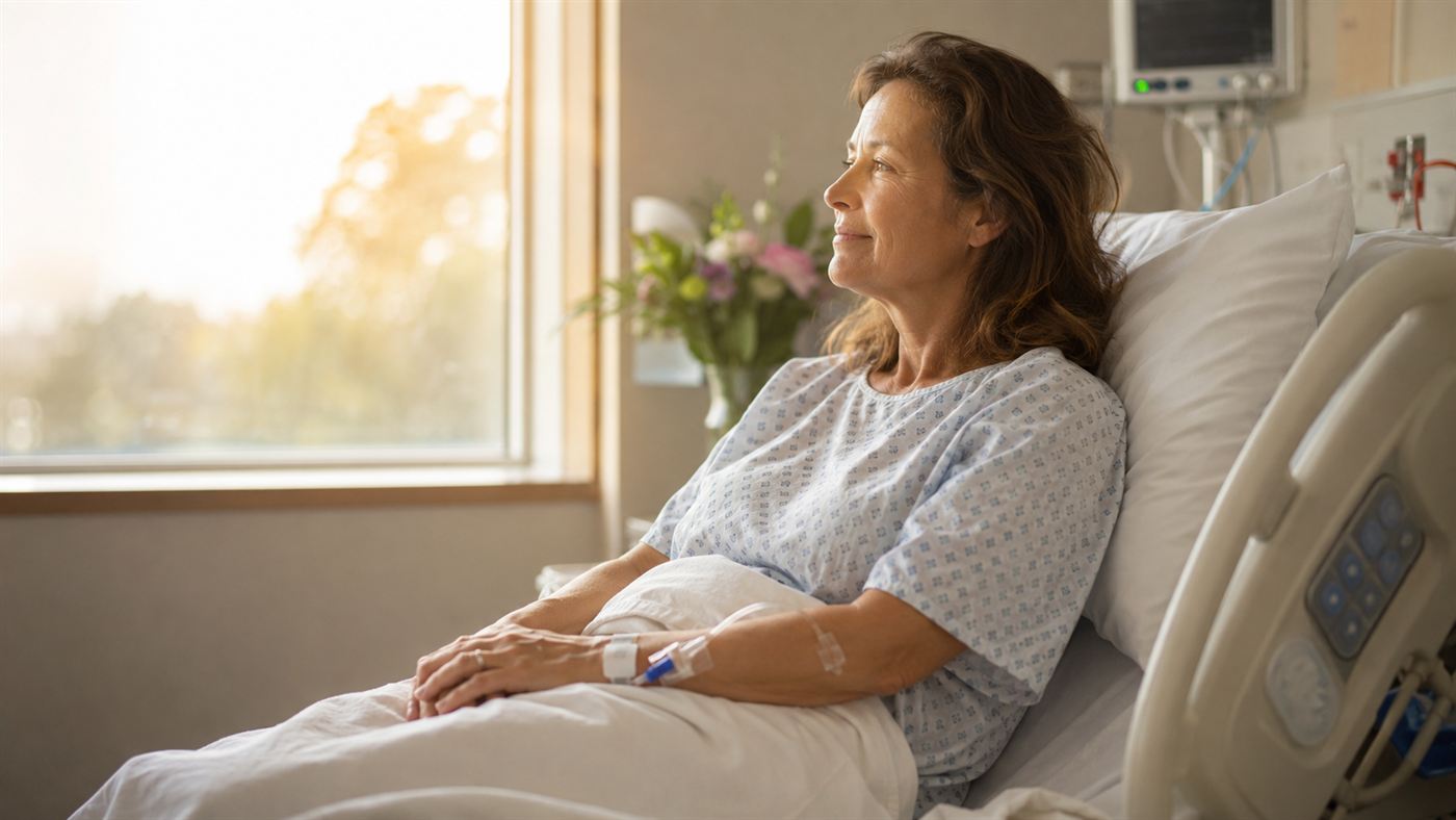 A woman recovering in a hospital bed by a bright window after a pig kidney transplant, a faint hopeful smile