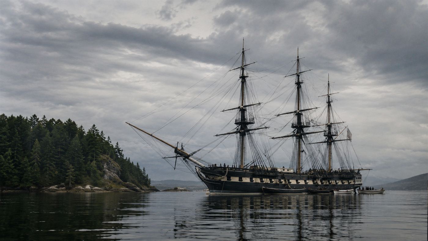 A 19th century British warship anchored in a calm island harbor with cannons run out