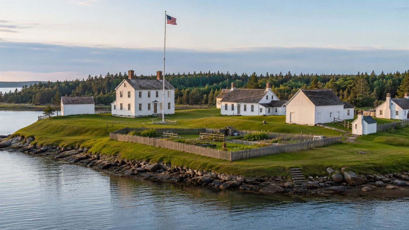 A restored 19th century military camp with white wooden buildings and a flagpole on a grassy island shore