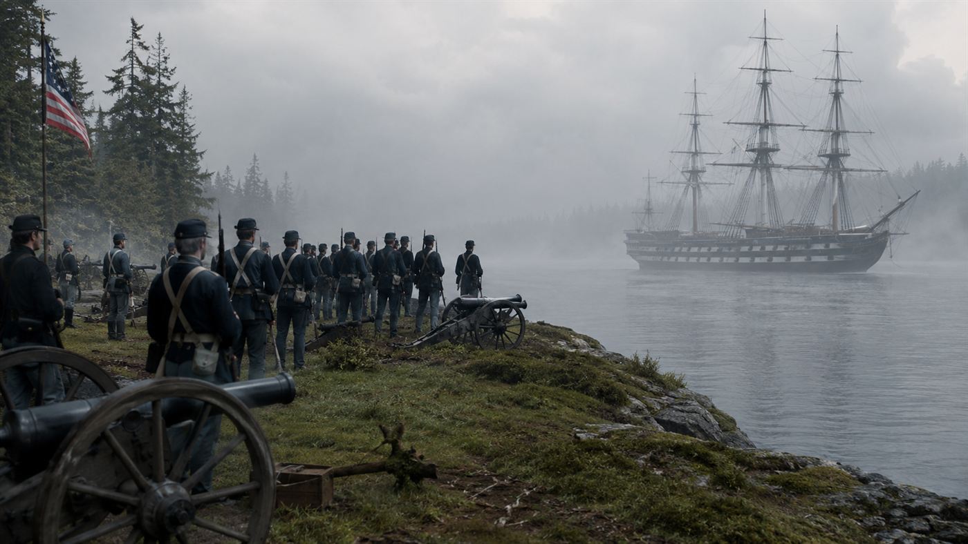 An 1859 confrontation on San Juan Island with American soldiers and a British warship offshore during the Pig War