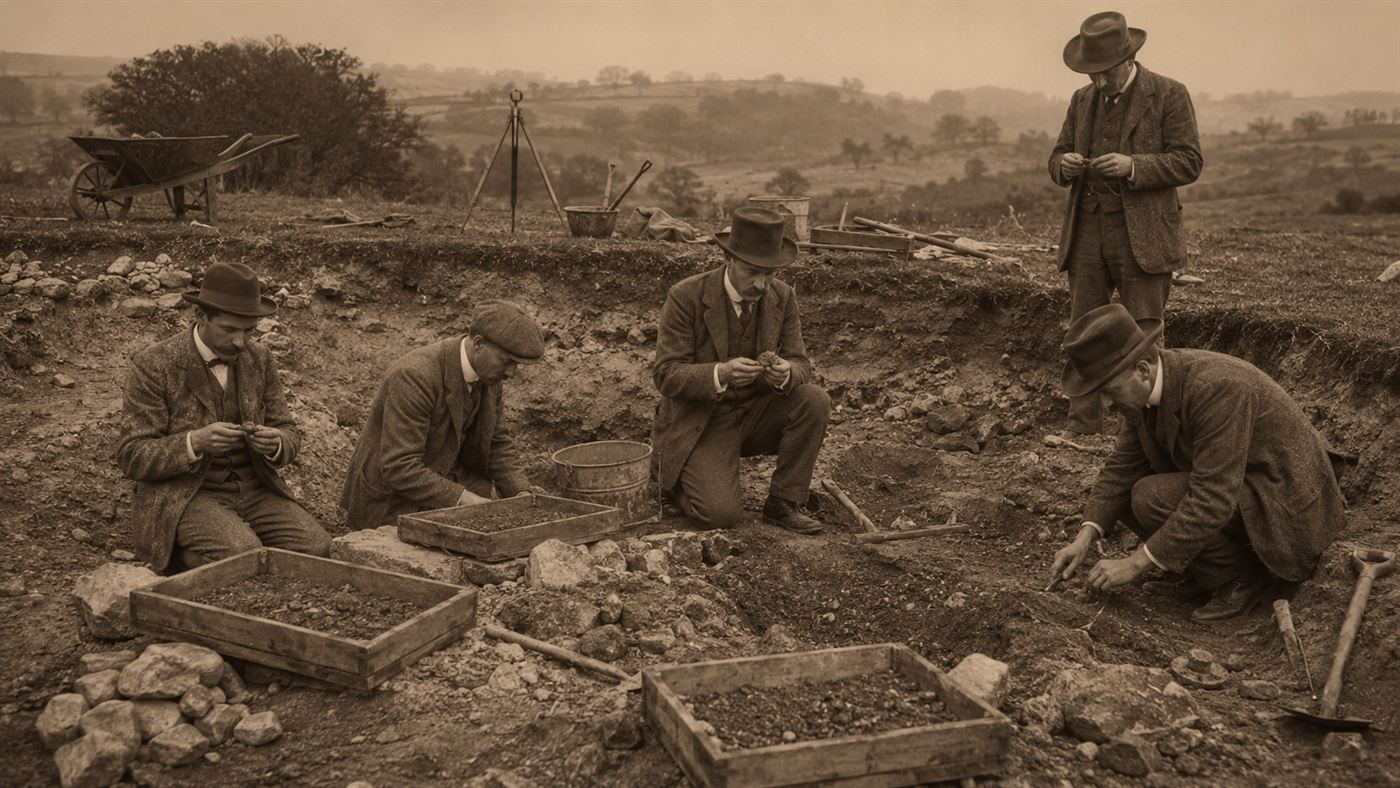 Edwardian men in suits and hats digging and examining gravel at the Piltdown site in 1912