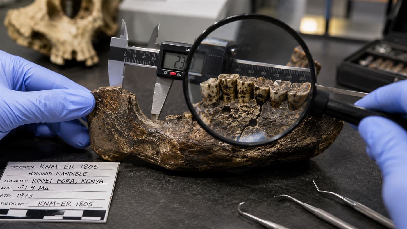 A close view of the Piltdown jaw and teeth under examination, showing the filed surfaces that exposed the fraud