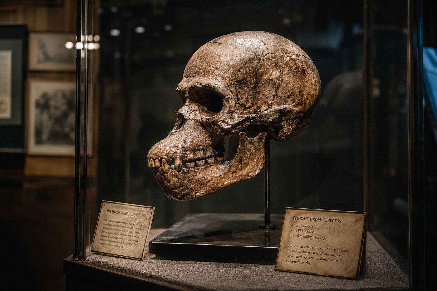 A reconstructed brown fossil skull of Piltdown Man displayed on a stand in a museum