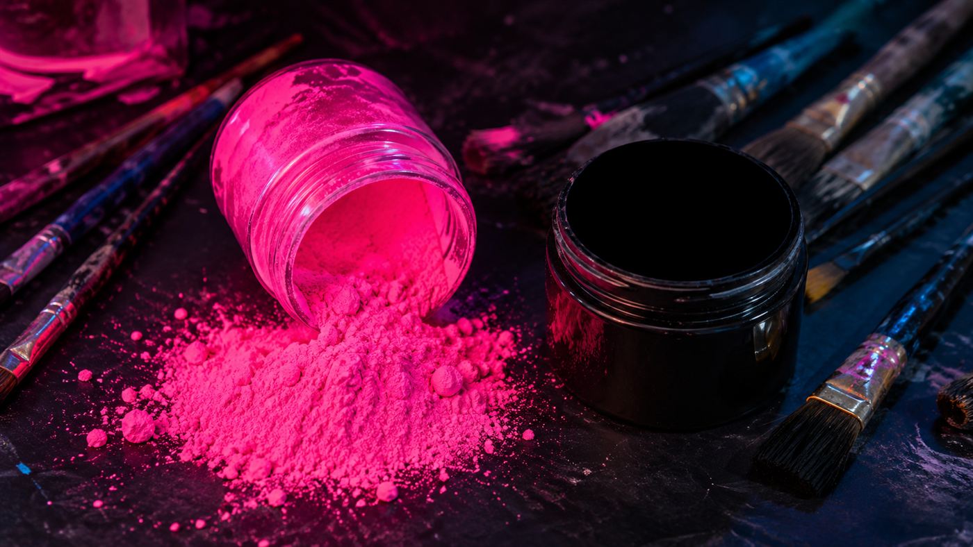 A jar of vivid pinkest pink pigment beside a jar of ultra-black paint on an artist's table, the heart of the Vantablack feud