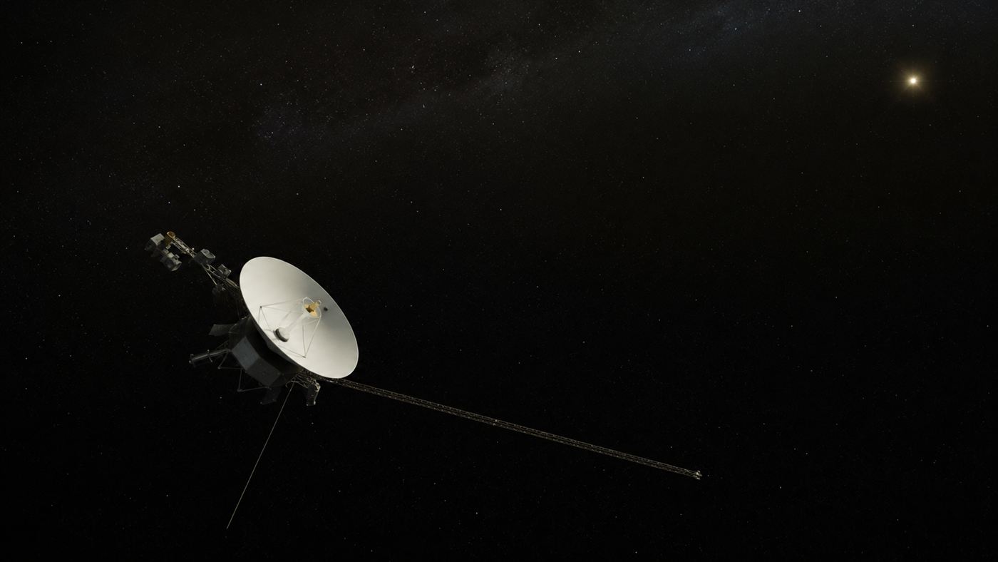 The Pioneer 10 spacecraft with its large dish antenna drifting through empty deep space far from the Sun