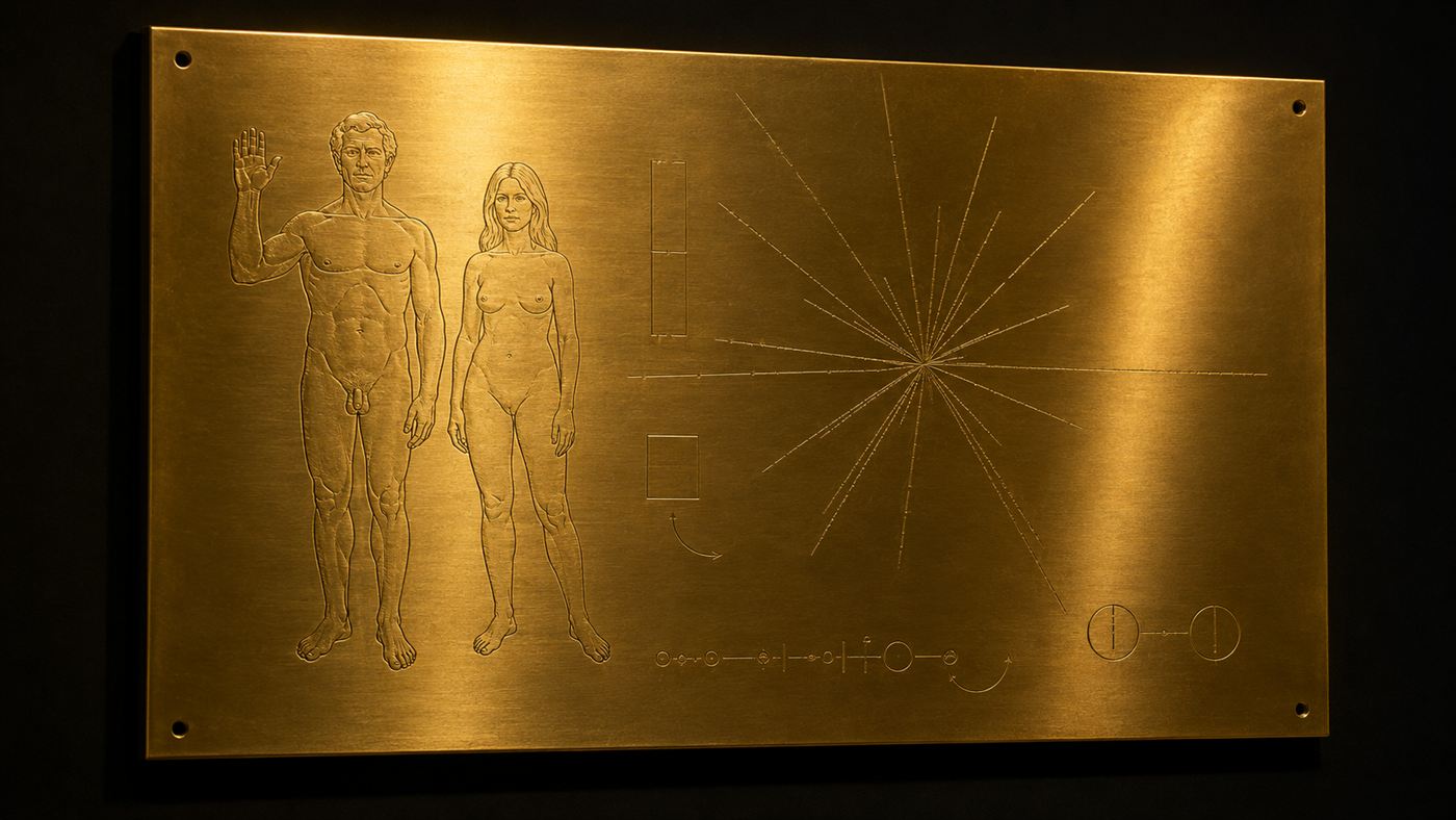 The gold Pioneer plaque engraved with a nude man and woman, a hydrogen atom symbol and a radiating pulsar map, on a dark background