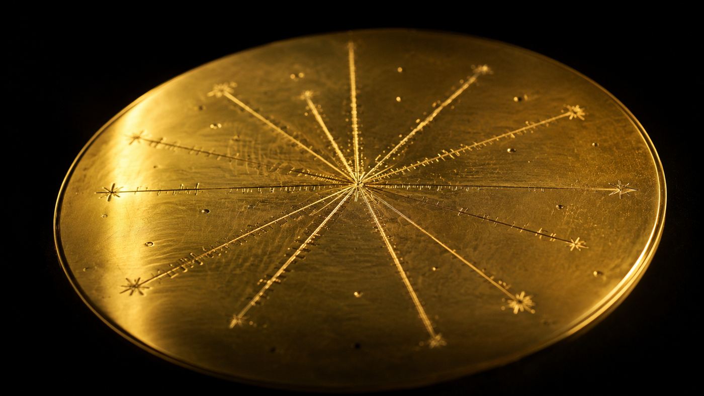 A close view of the radiating pulsar map lines on the Pioneer plaque, showing directions to distant pulsars from the Sun