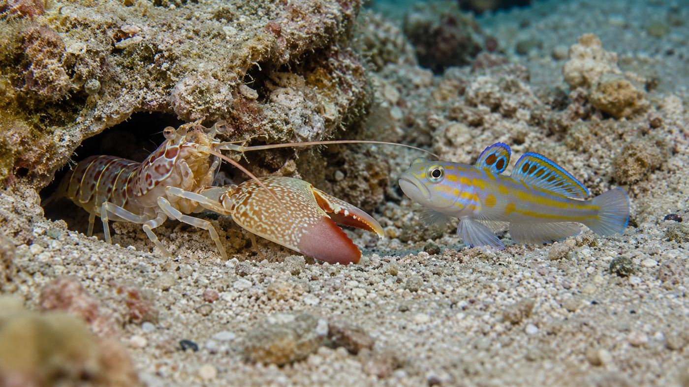 A pistol shrimp and a small goby fish sharing the entrance of a sandy burrow on the seabed, the shrimp's antenna touching the fish