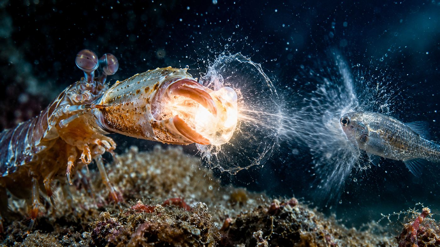 A dramatic macro view of a pistol shrimp claw snapping shut, with a bright cavitation bubble and shockwave bursting through the water
