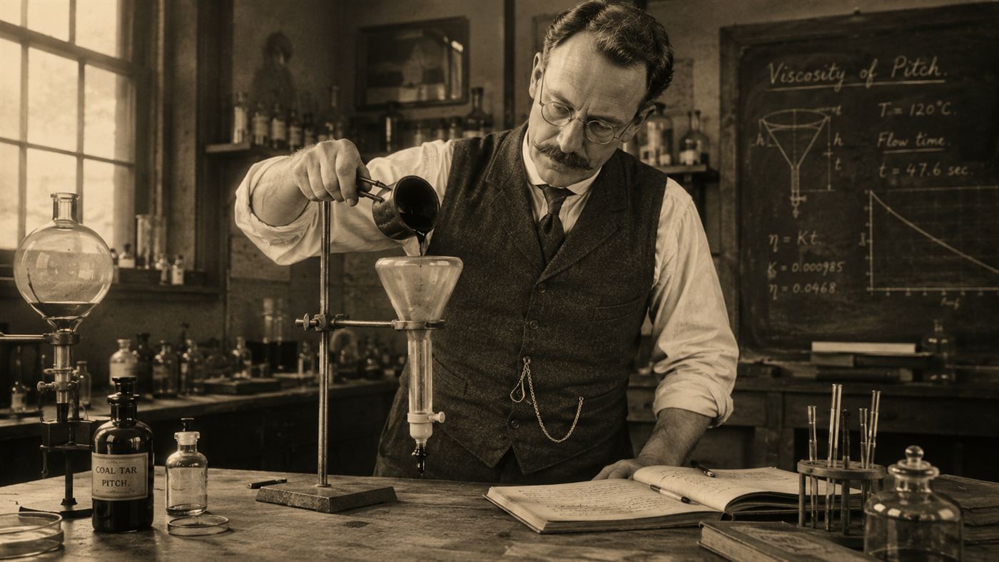 A physicist in the 1920s pouring hot black pitch into a sealed glass funnel on a wooden laboratory bench