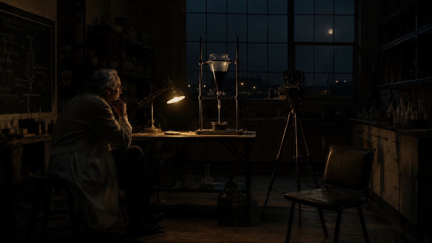 A lone scientist in a dim laboratory watching a funnel of pitch with a camera on a tripod pointed at it