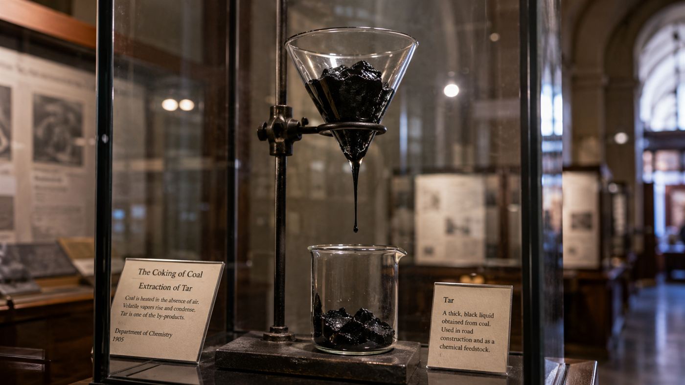 A glass funnel on a stand holding black pitch with a single drop hanging from the stem above a beaker inside a display case