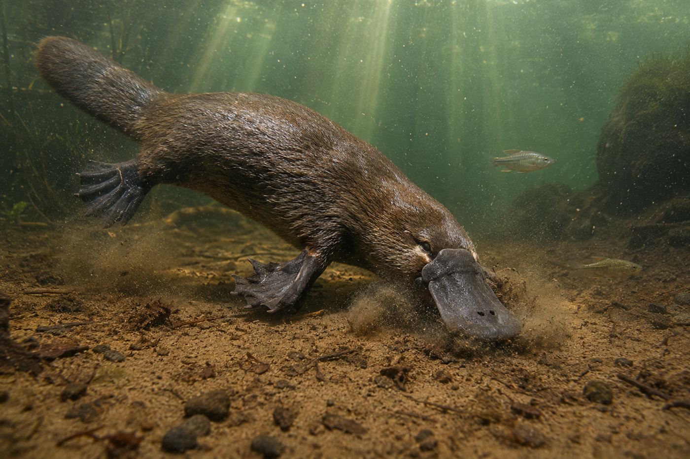 A platypus swimming underwater with its eyes closed, sweeping its broad sensitive bill across the muddy riverbed in search of prey