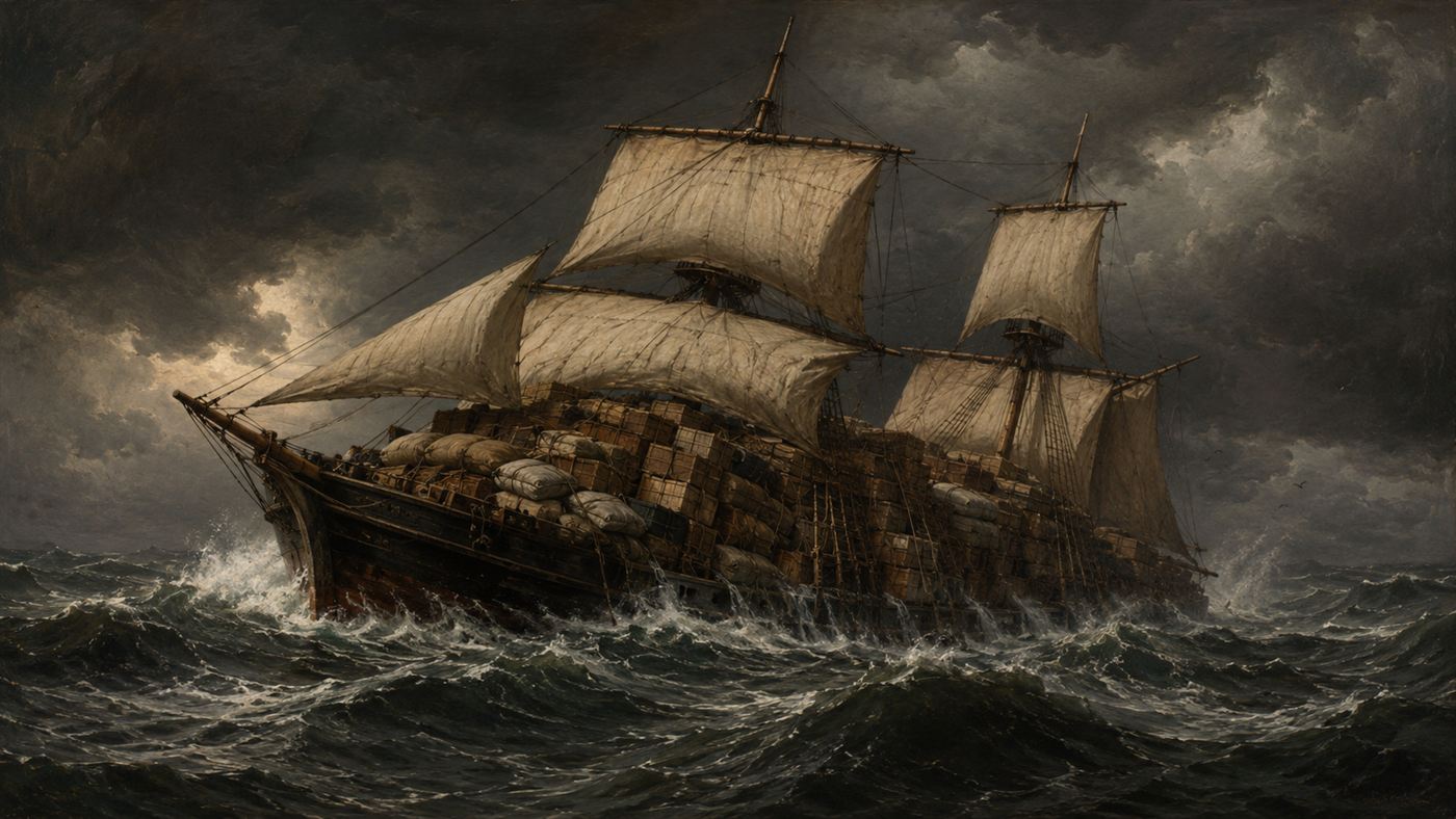 A Victorian sailing cargo ship dangerously overloaded and riding very low in rough grey seas under a dark stormy sky