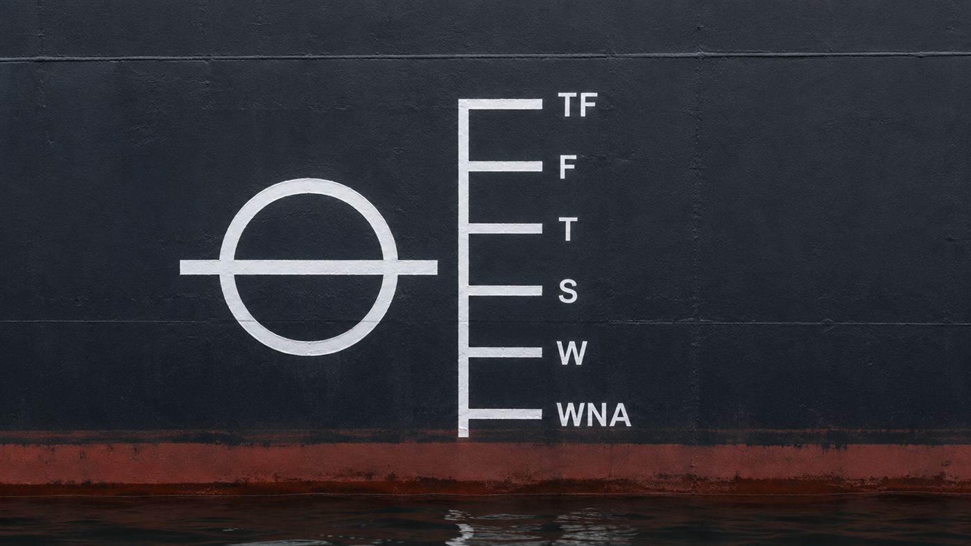 A detailed view of the Plimsoll mark on a ship's hull, a circle crossed by a line beside a comb of letters for different water conditions