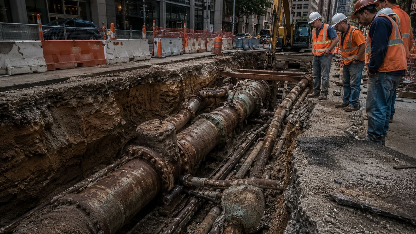 Old rusting steel pneumatic mail pipes exposed in a trench beneath a modern city street