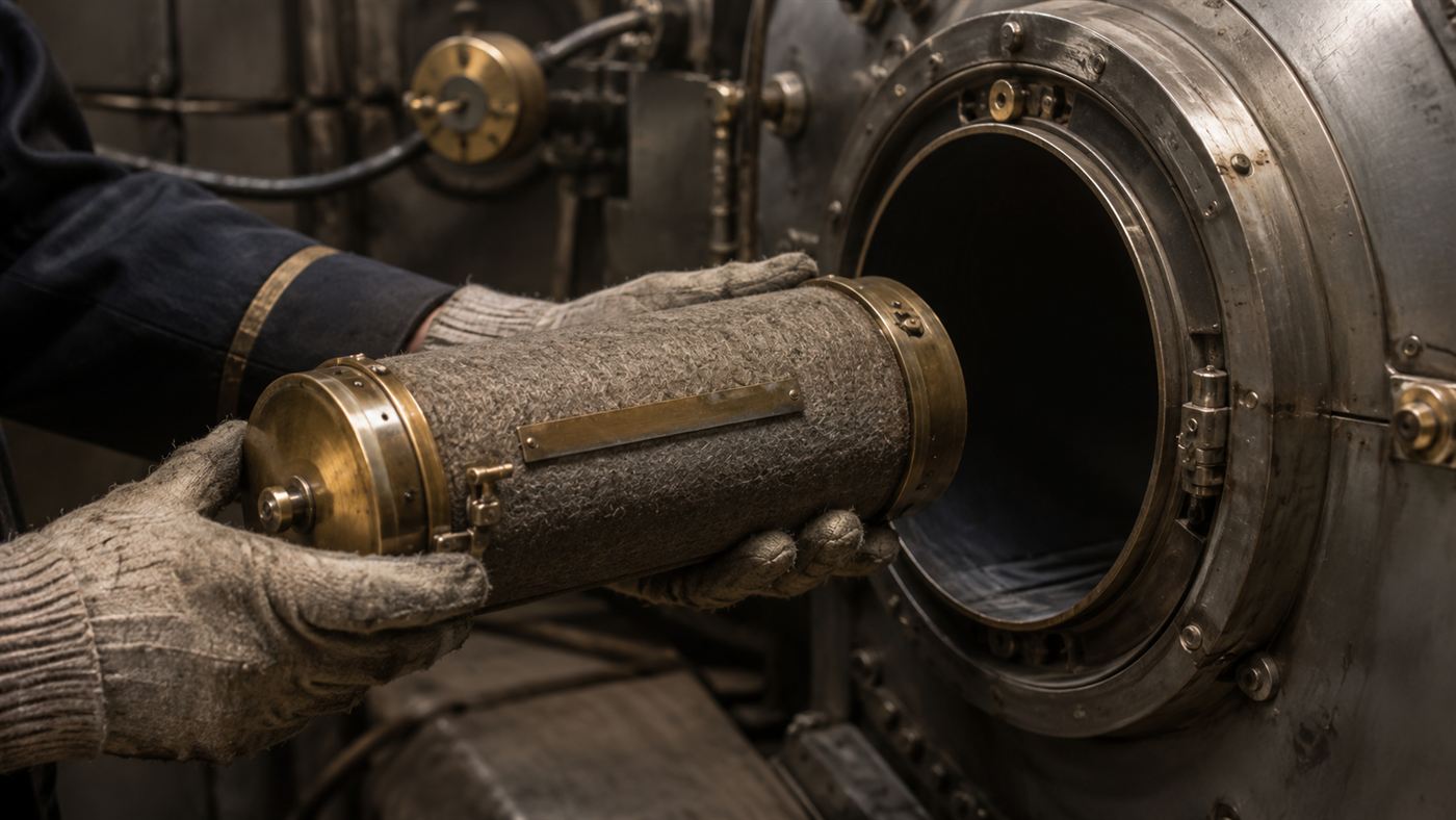 A close-up of a cylindrical felt-wrapped metal mail carrier held next to the open mouth of a steel pneumatic tube