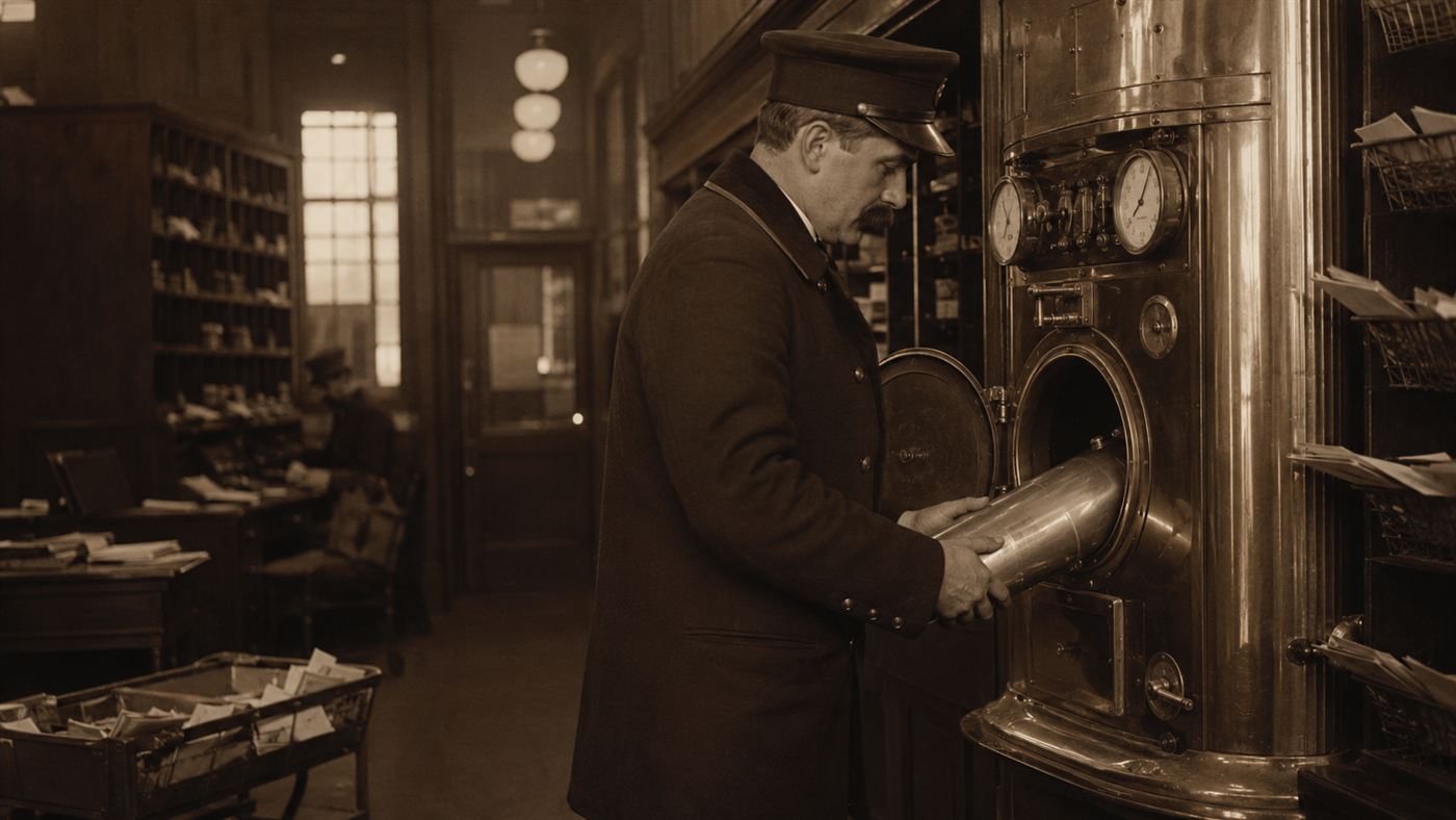 A postal worker loading a cylindrical carrier into a brass pneumatic tube mail station in an early 1900s post office