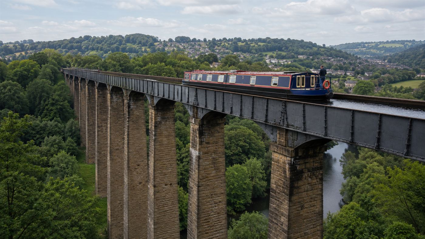 The Pontcysyllte Aqueduct carrying a narrowboat in a cast-iron trough high on tall stone piers across a green Welsh valley