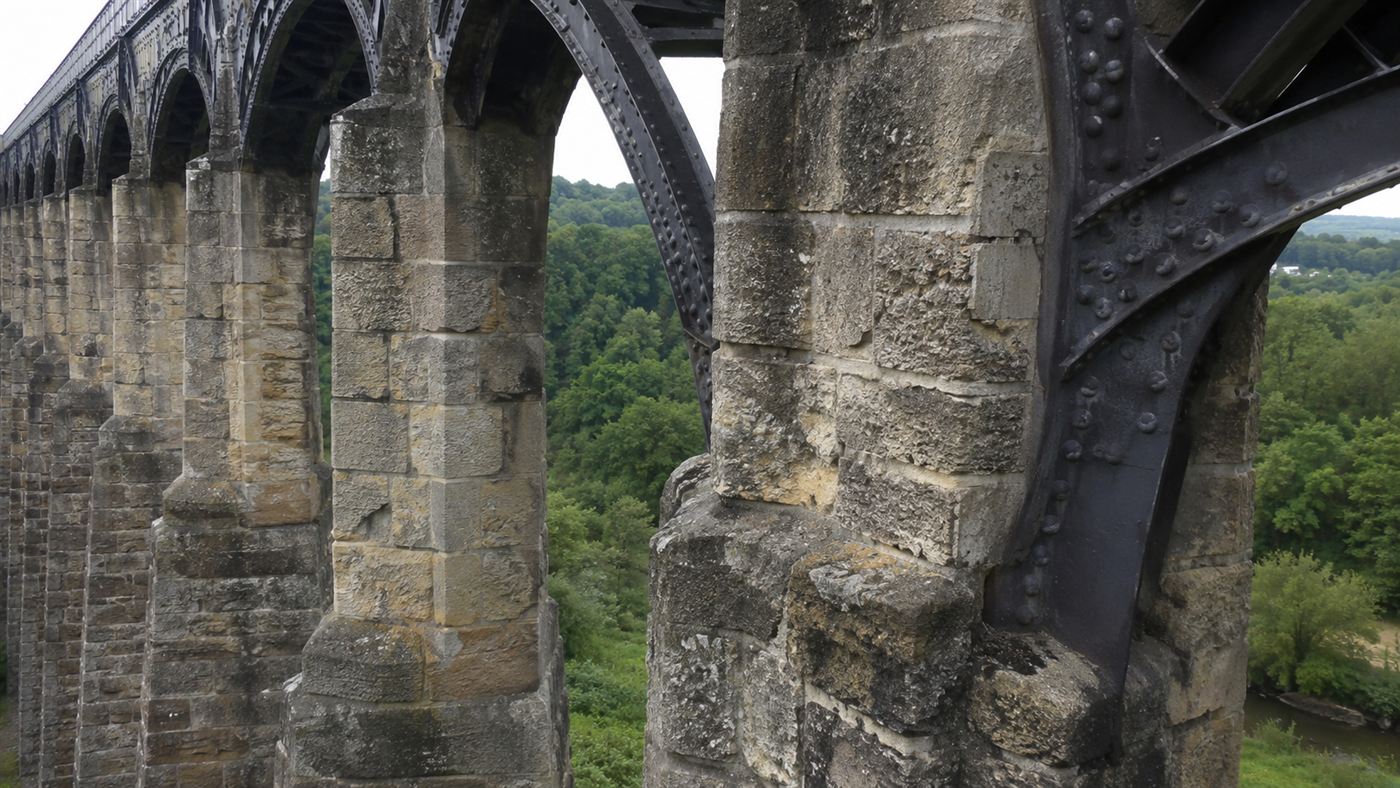 Close-up of the tall hollow stone piers and cast-iron arch ribs supporting the Pontcysyllte Aqueduct