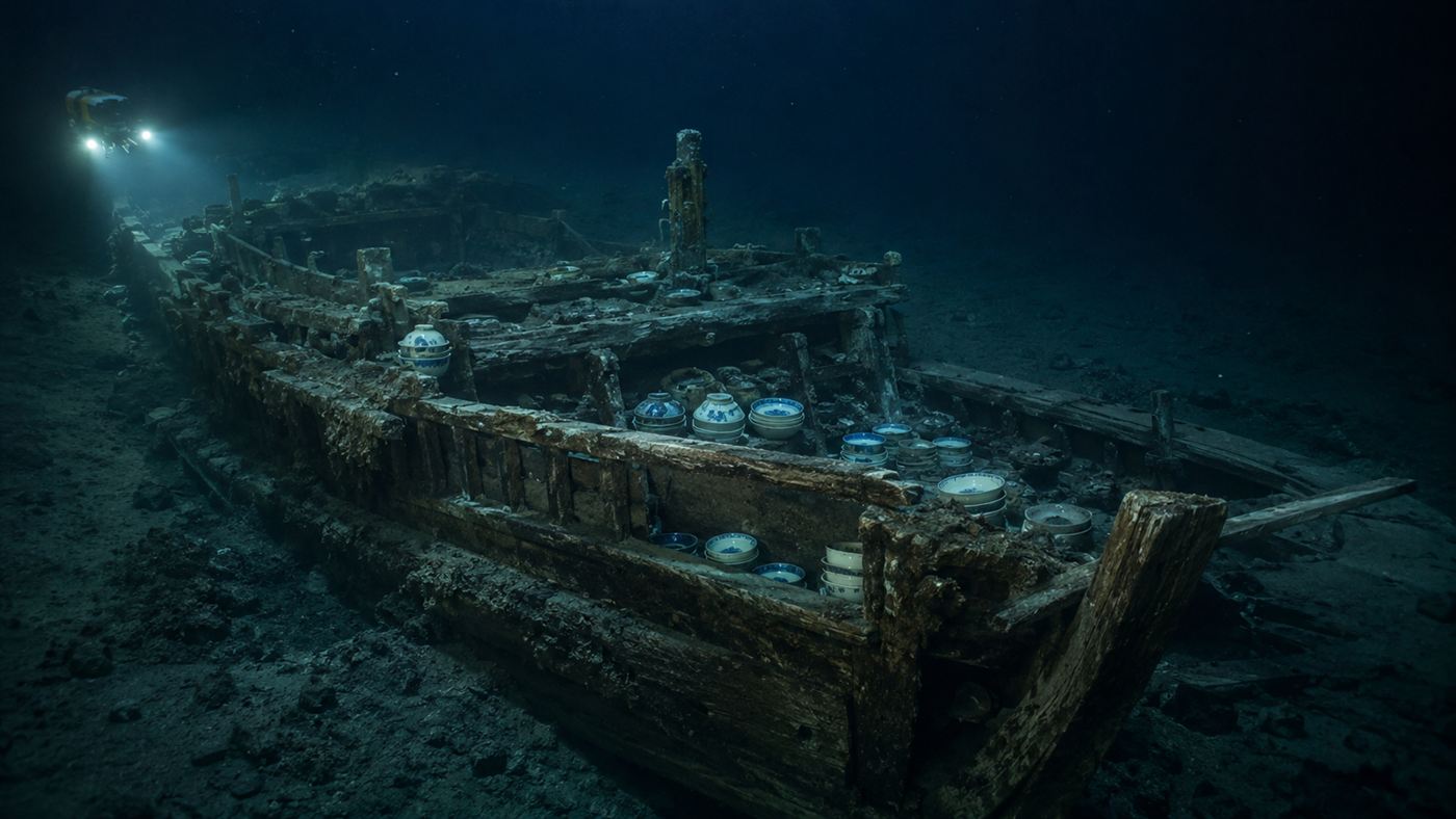 An old shipwreck on the dark seabed surrounded by stacks of intact white and blue porcelain dishes