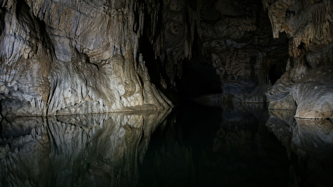 A dark underground cave river in the Slovenian karst, the kind of habitat where the olm lives