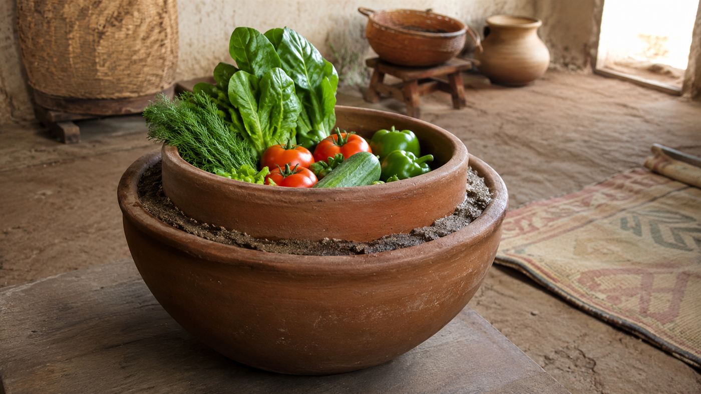 A pot-in-pot clay cooler holding fresh vegetables