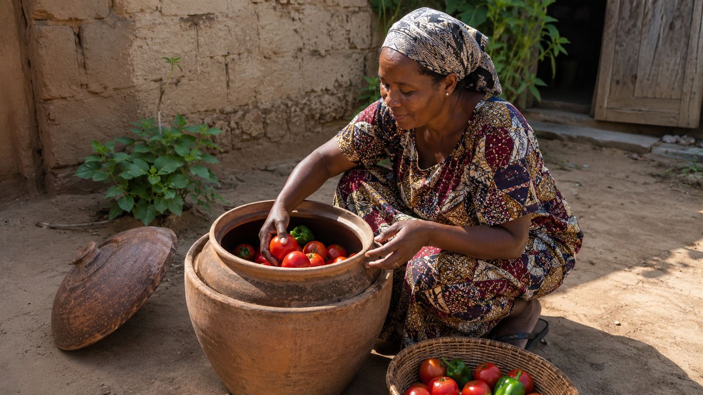A woman loading fresh vegetables into a large clay pot cooler in a rural courtyard