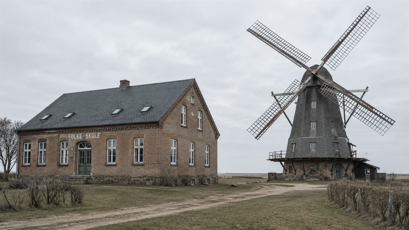 A 19th-century Danish experimental windmill beside a folk school building, representing Poul la Cour's wind power work
